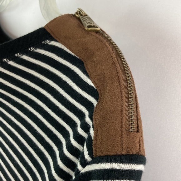LAUREN black and white stripe with brown suede detail blouse 2XL - Picture 2 of 6